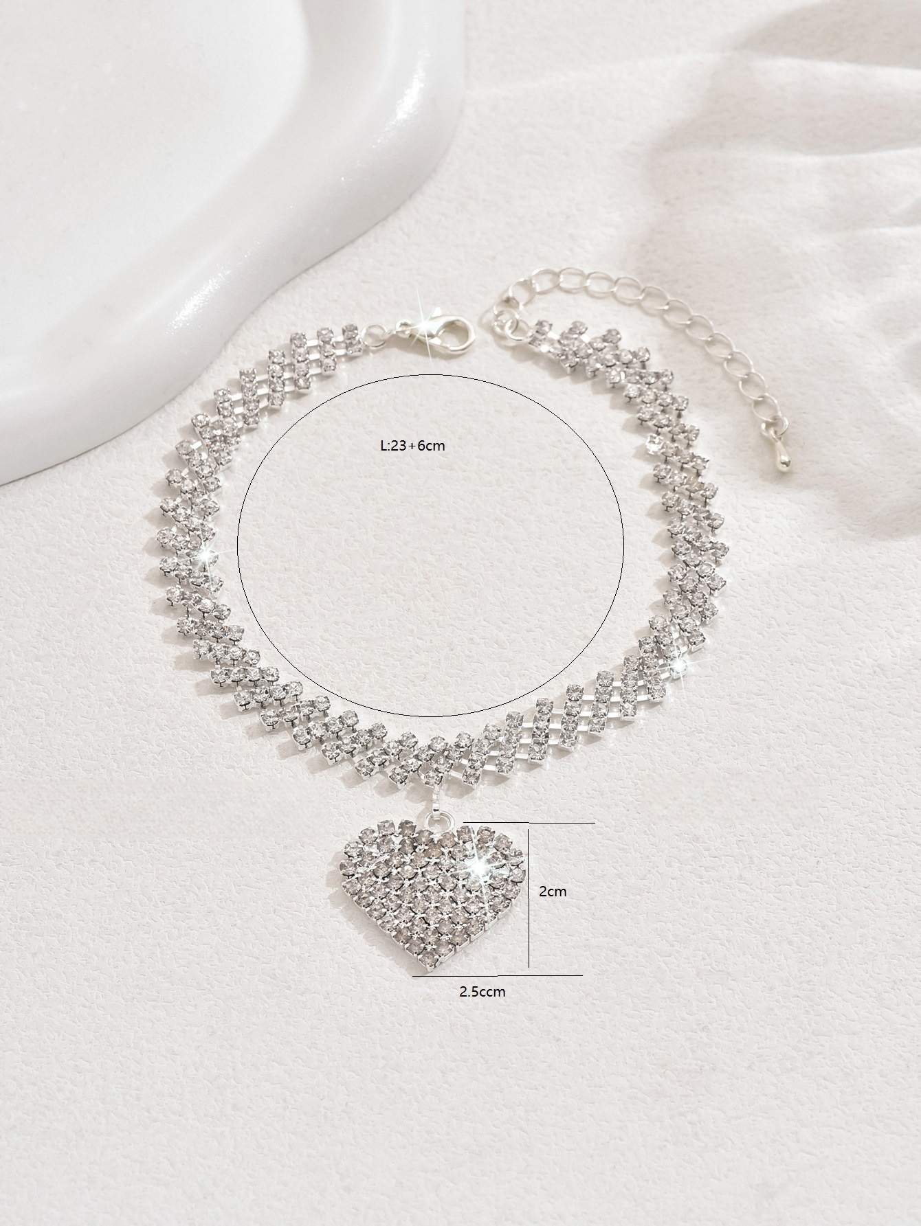 Crystal Heart Anklet Bracelet With Rhinestone Tennis Chain Design